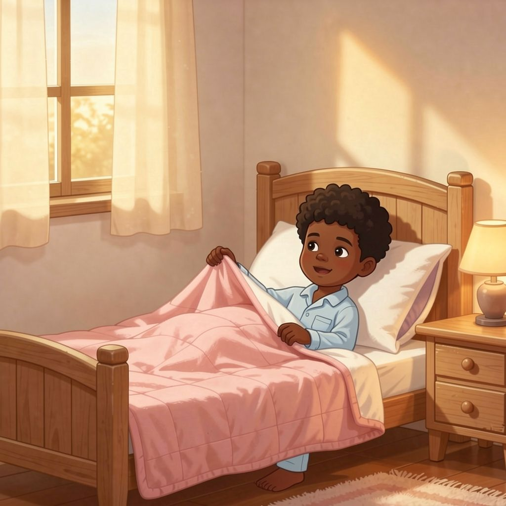 Little Moments, Big Love personalized illustration for page 1: Morning light slides across the bedroom wall and lands on the edge of the bed. Noah…