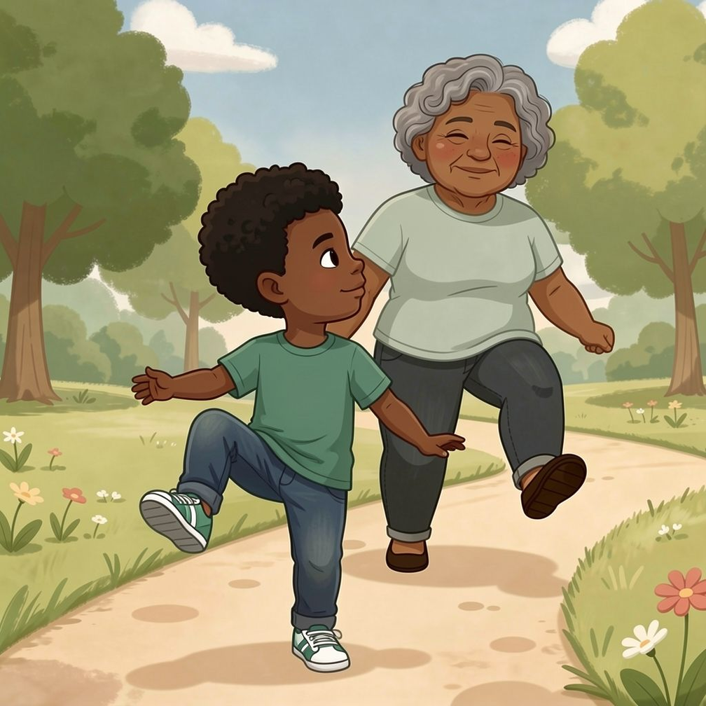 Little Moments, Big Love personalized illustration for page 7: Later, it is time for play. Noah announces the start of "Follow the Leader Steps." The…