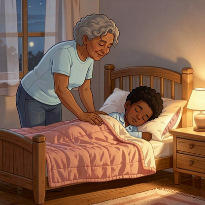 Little Moments, Big Love personalized illustration for page 14: As sleep arrives, Noah remembers the steps, the game, the squeeze. All the small…