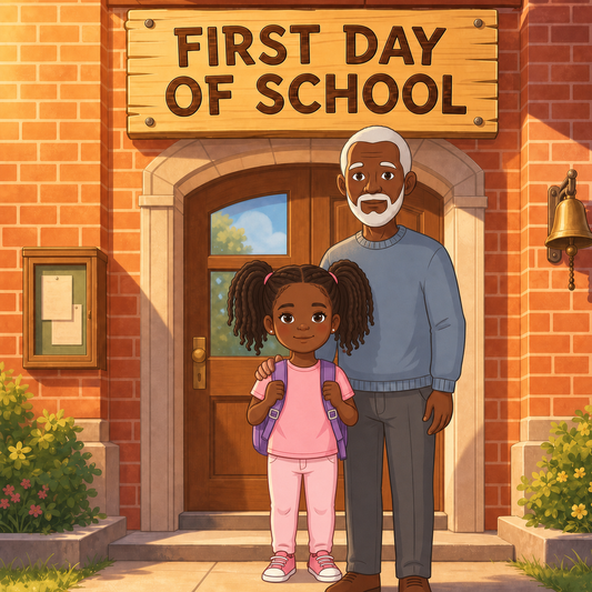 First Day of School English personalized storybook cover featuring Young girl and grandfather