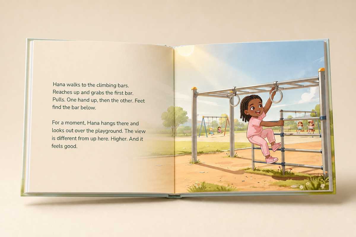 Another illustrated story spread inside the personalized First Day of School hardcover book
