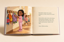 Open First Day of School hardcover showing its illustrated English story and readable text page