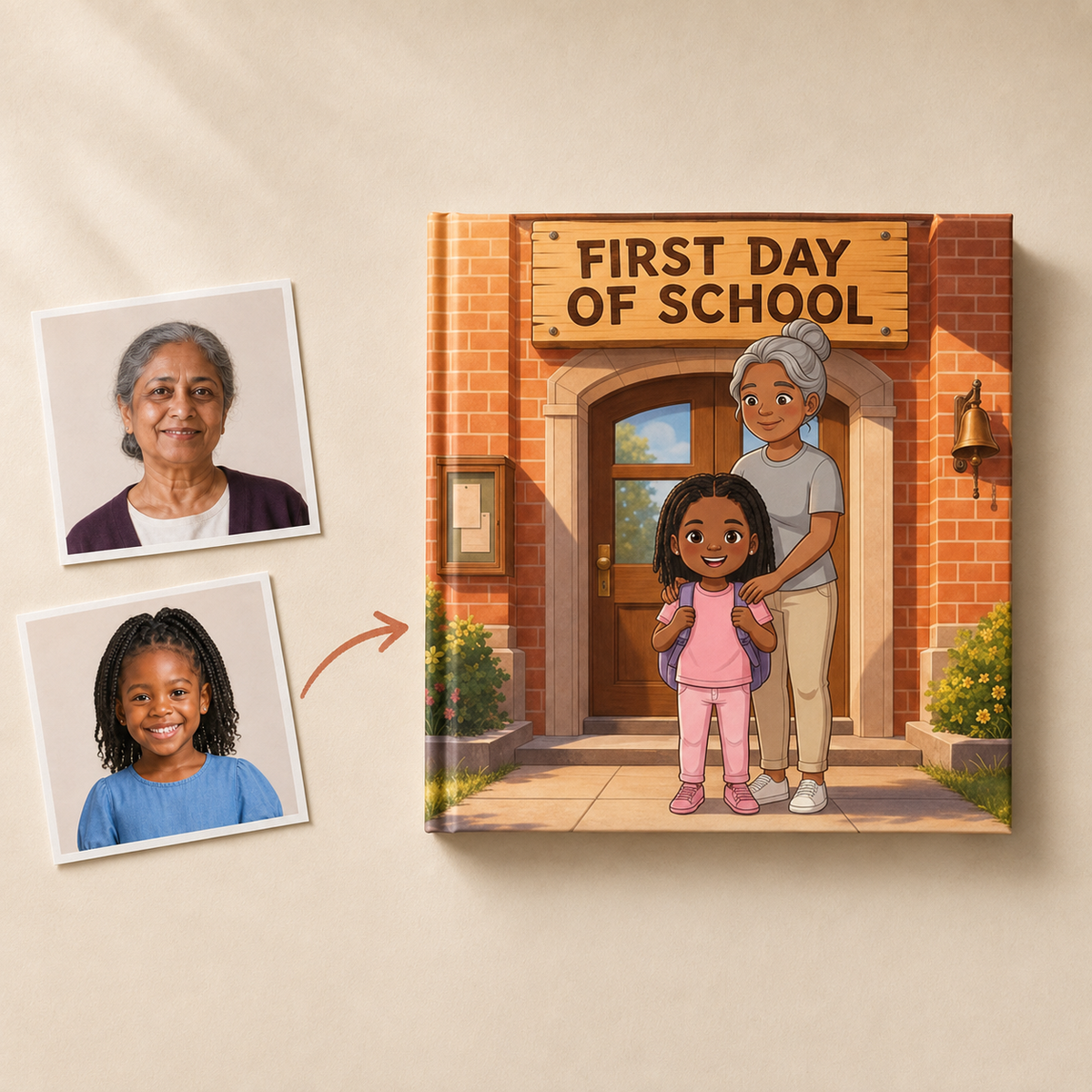 Photo portraits beside the personalized First Day of School square hardcover book