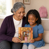 Sharing the personalized First Day of School square picture book