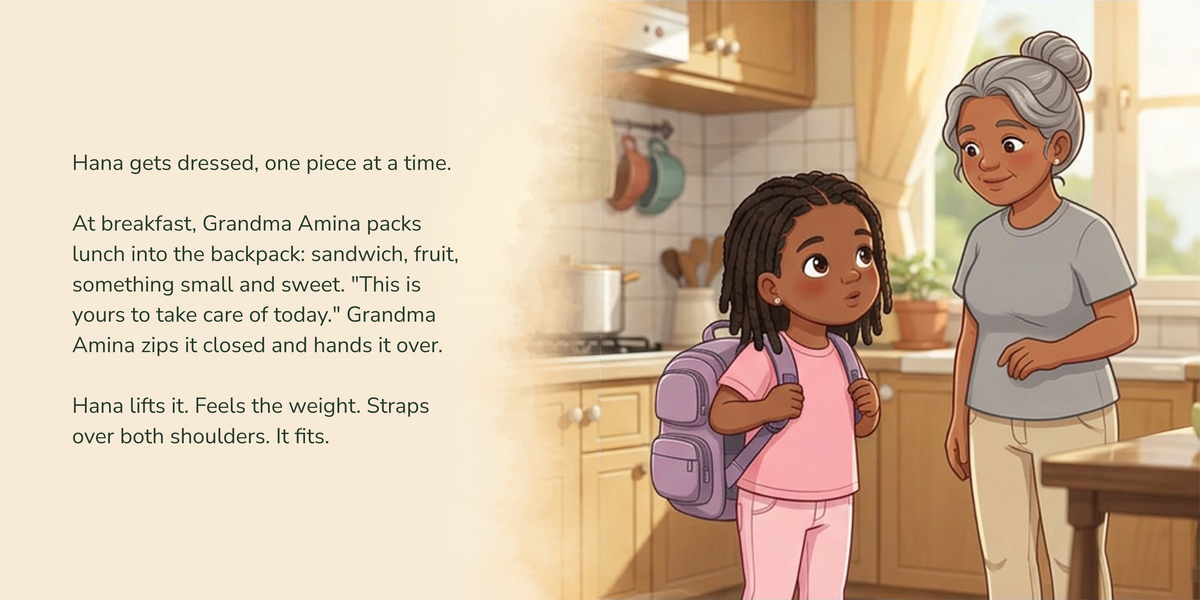 Full English story spread from First Day of School, with illustration continuing behind the text