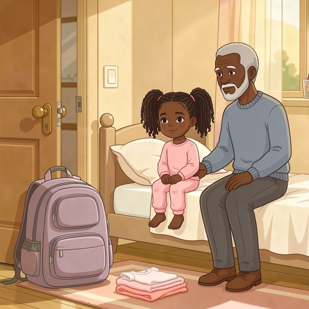 First Day of School personalized illustration for page 1: The morning feels different. Hana wakes up and sees it: the new backpack by the door,…