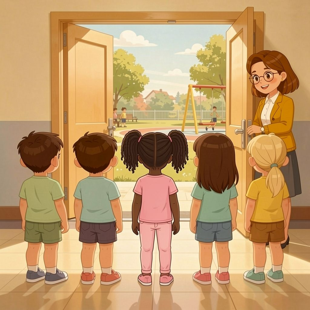 First Day of School personalized illustration for page 7: It's time for recess. "Line up, please," the teacher says. Hana stands, but waits,…