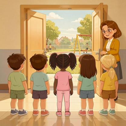 First Day of School personalized illustration for page 7: It's time for recess. "Line up, please," the teacher says. Hana stands, but waits,…