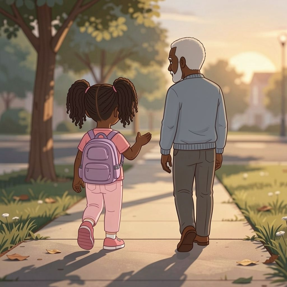 First Day of School personalized illustration for page 14: Walking home, Hana talks about the day, the desk by the window, hanging from the bars,…