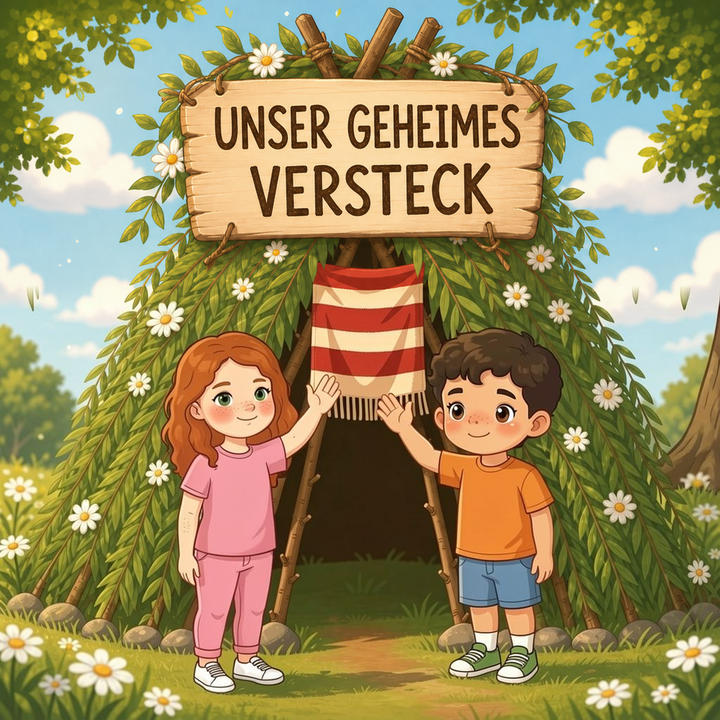 Unser geheimes Versteck German personalized storybook cover featuring Young girl and young boy