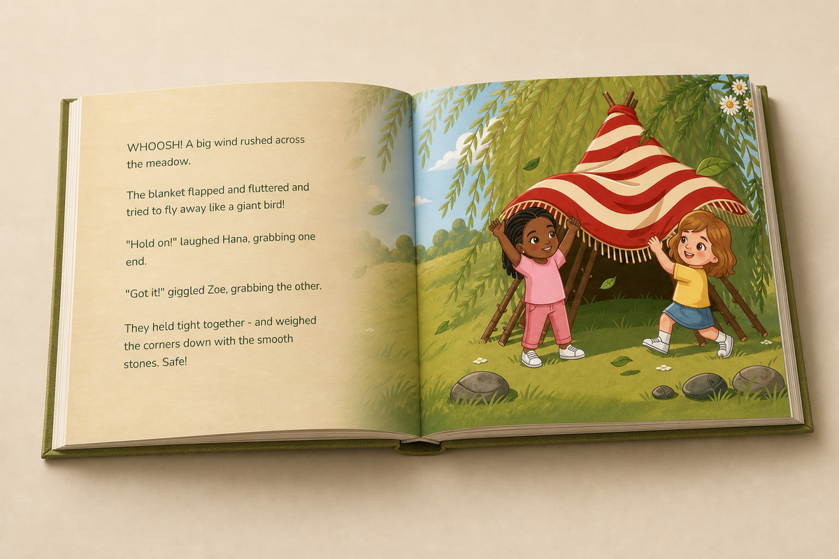 Another illustrated story spread inside the personalized Our Secret Hideout hardcover book