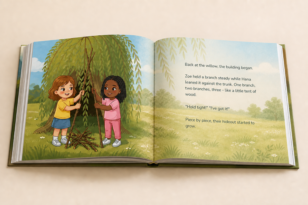 Open Our Secret Hideout hardcover showing its illustrated English story and readable text page