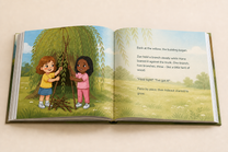 Open Our Secret Hideout hardcover showing its illustrated English story and readable text page