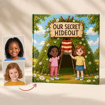 Photo portraits beside the personalized Our Secret Hideout square hardcover book
