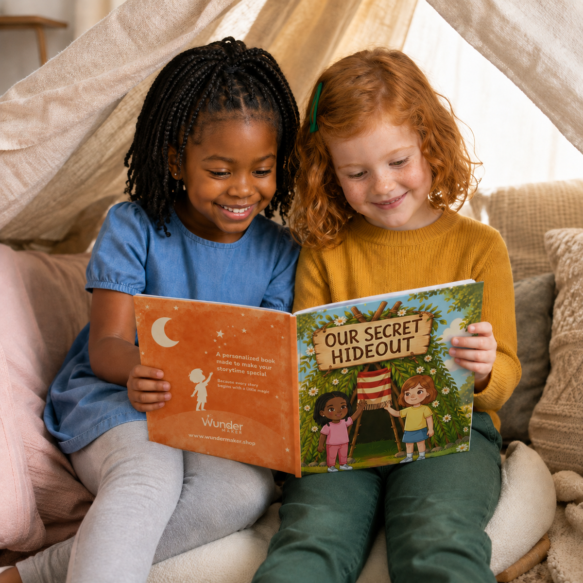 Shared reading with the personalized Our Secret Hideout square picture book