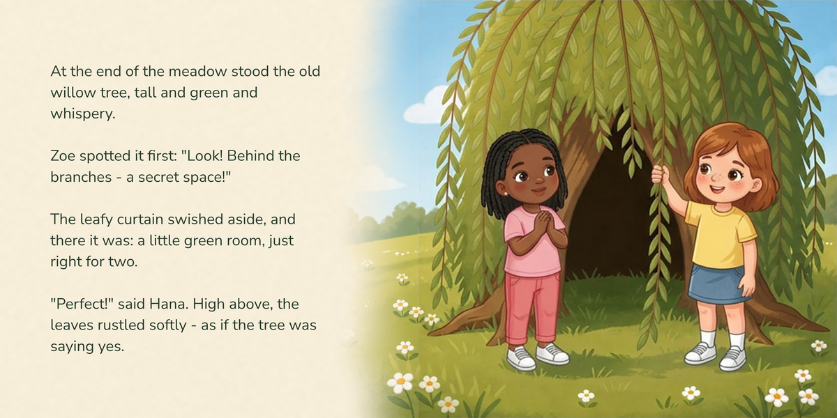 Full English story spread from Our Secret Hideout, with illustration continuing behind the text