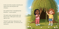 Full English story spread from Our Secret Hideout, with illustration continuing behind the text
