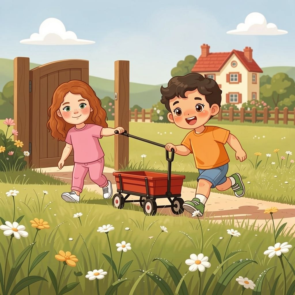 Our Secret Hideout personalized story art featuring Young girl and young boy: One bright morning, Maya and Theo raced outside, their old red wagon rattling behind…