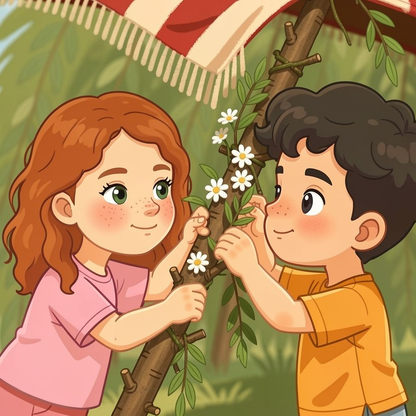 Our Secret Hideout personalized story art featuring Young girl and young boy: "I know! Leafy branches!" said Theo. "And we'll weave in flowers!" said Maya. So one…