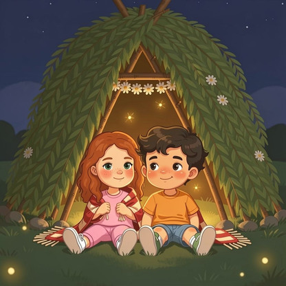 Our Secret Hideout personalized story art featuring Young girl and young boy: Wrapped in the striped blanket, warm shoulder to warm shoulder, they smiled sleepy…