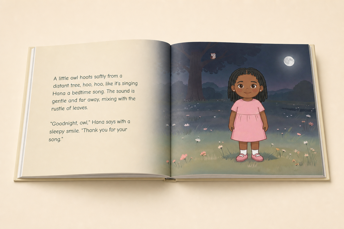 Another illustrated story spread inside the personalized Gentle Goodnight hardcover book