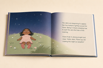 Open Gentle Goodnight hardcover showing its illustrated English story and readable text page