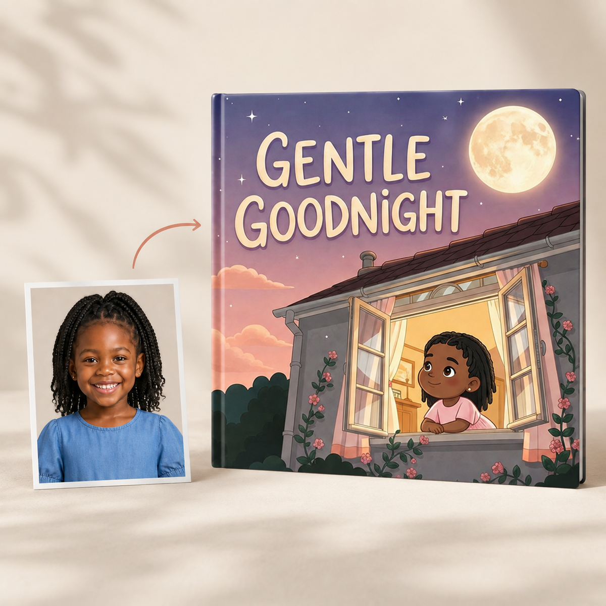Photo portraits beside the personalized Gentle Goodnight square hardcover book