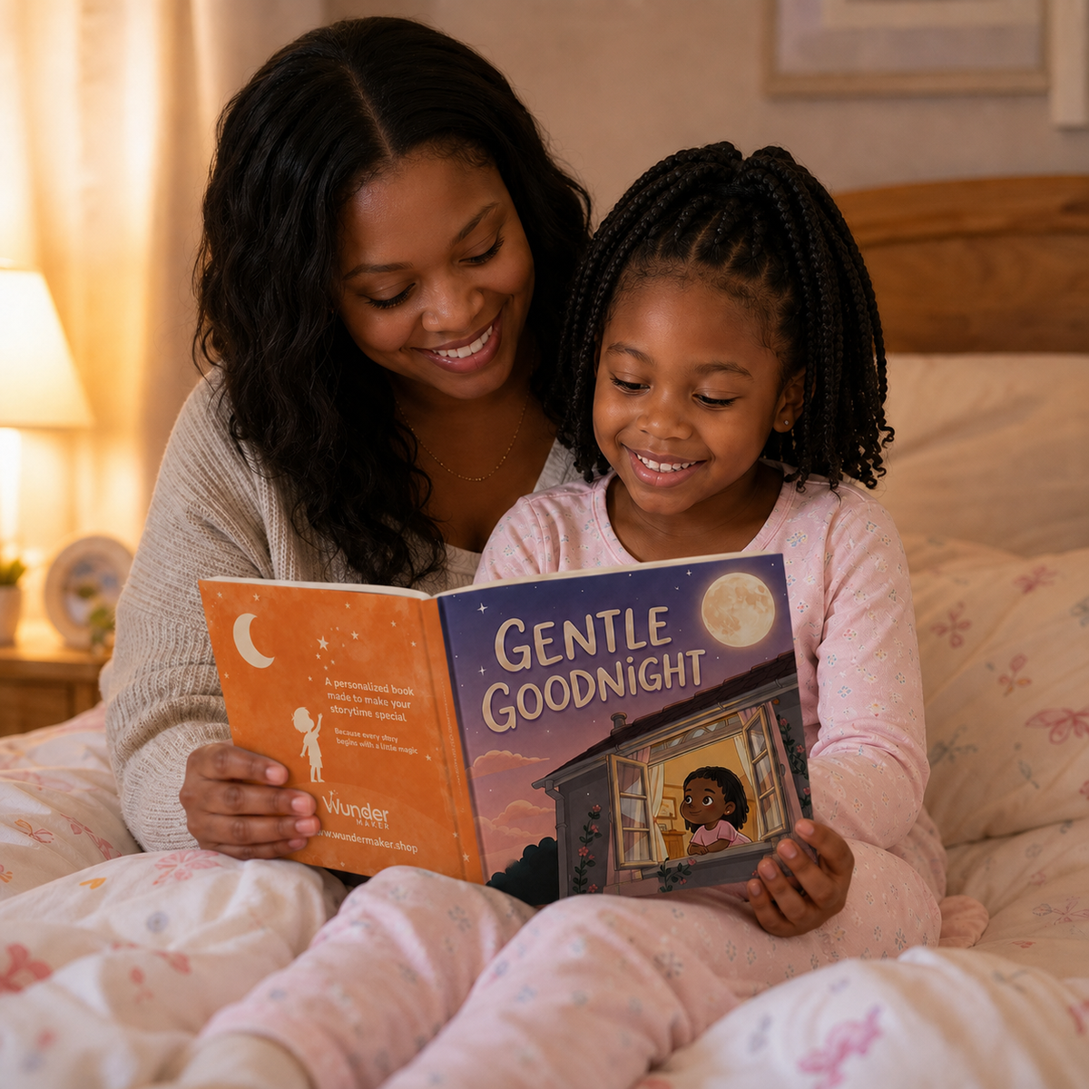 Shared reading with the personalized Gentle Goodnight square picture book