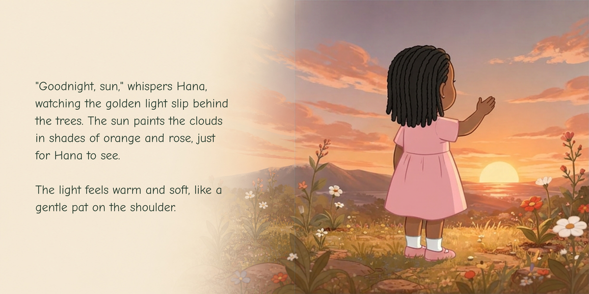 Full English story spread from Gentle Goodnight, with illustration continuing behind the text