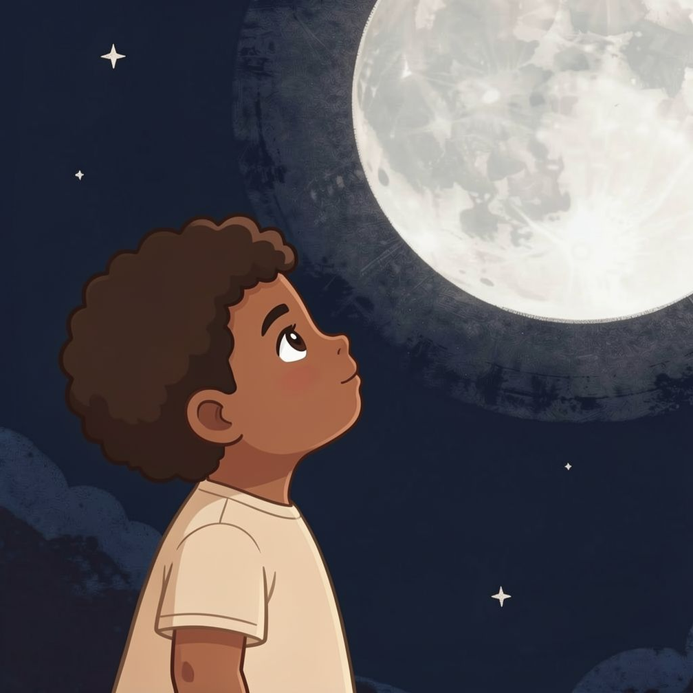 Gentle Goodnight personalized illustration for page 7: The moon is rising now, big and round and glowing, as if it has been waiting all day…