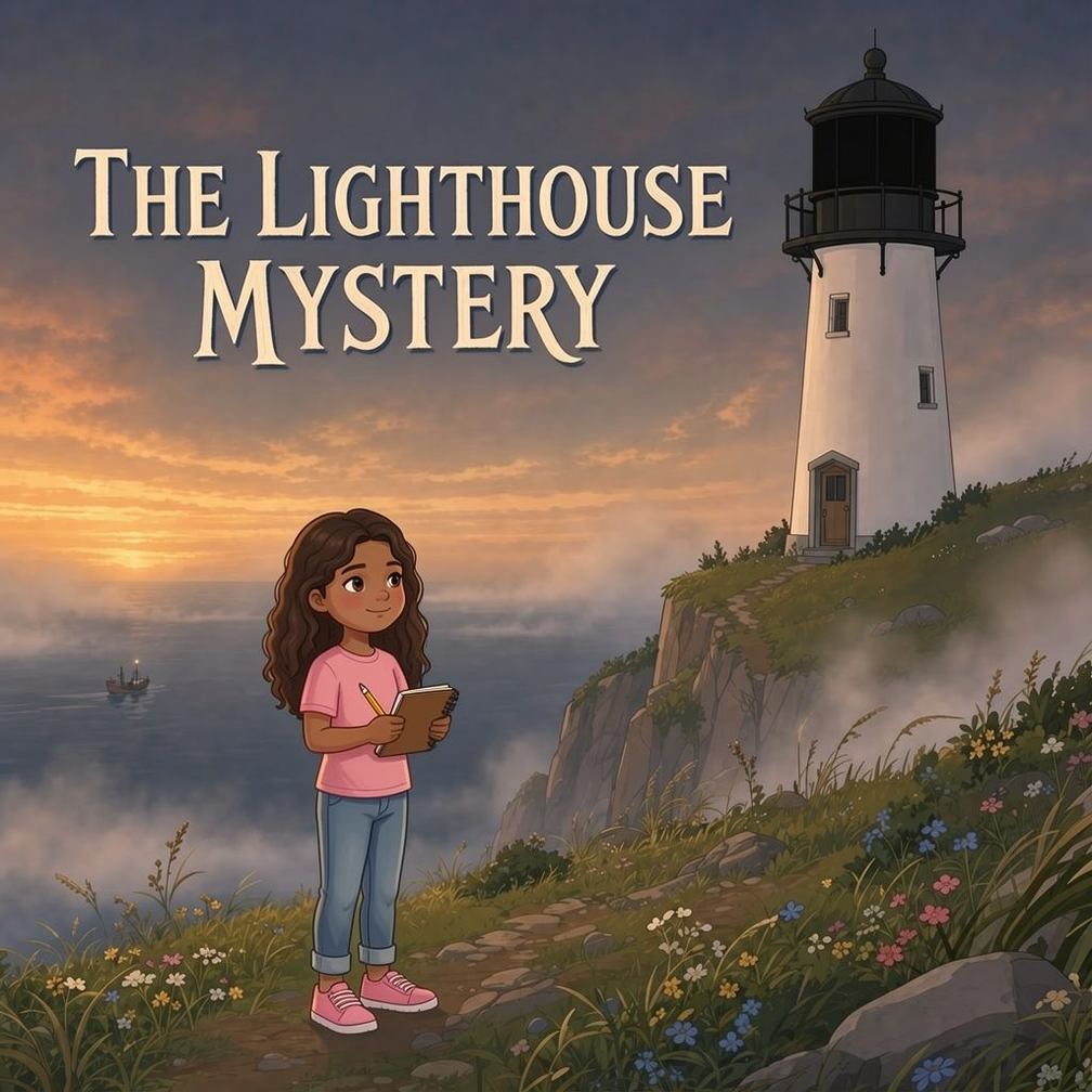 The Lighthouse Mystery English personalized storybook cover featuring Older girl