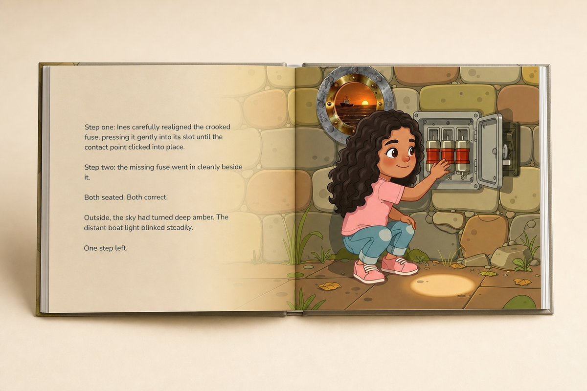 Another illustrated story spread inside the personalized The Lighthouse Mystery hardcover book