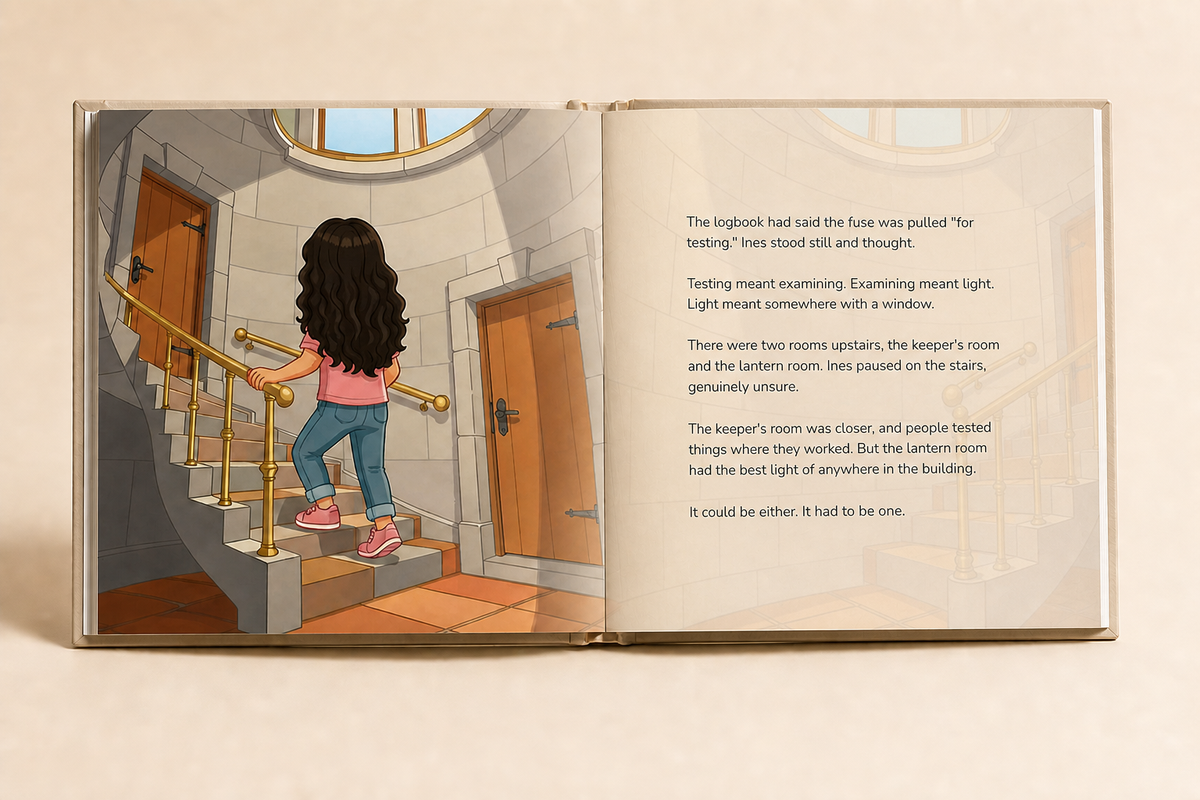 Open The Lighthouse Mystery hardcover showing its illustrated English story and readable text page