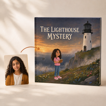 Photo portraits beside the personalized The Lighthouse Mystery square hardcover book