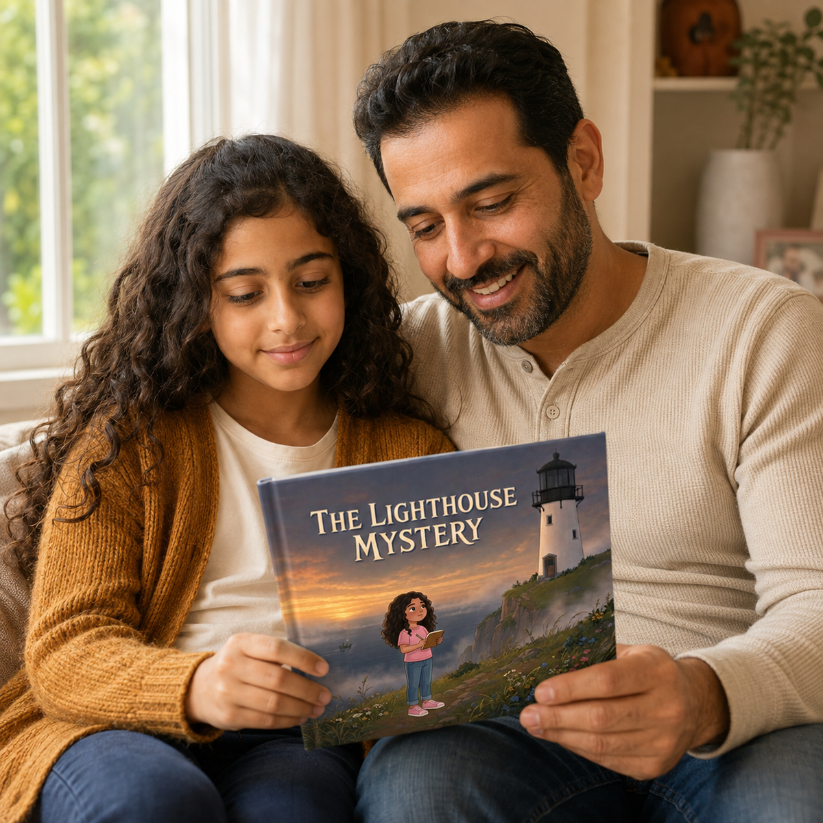 Shared reading with the personalized The Lighthouse Mystery square picture book