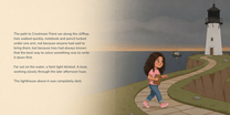 Full English story spread from The Lighthouse Mystery, with illustration continuing behind the text