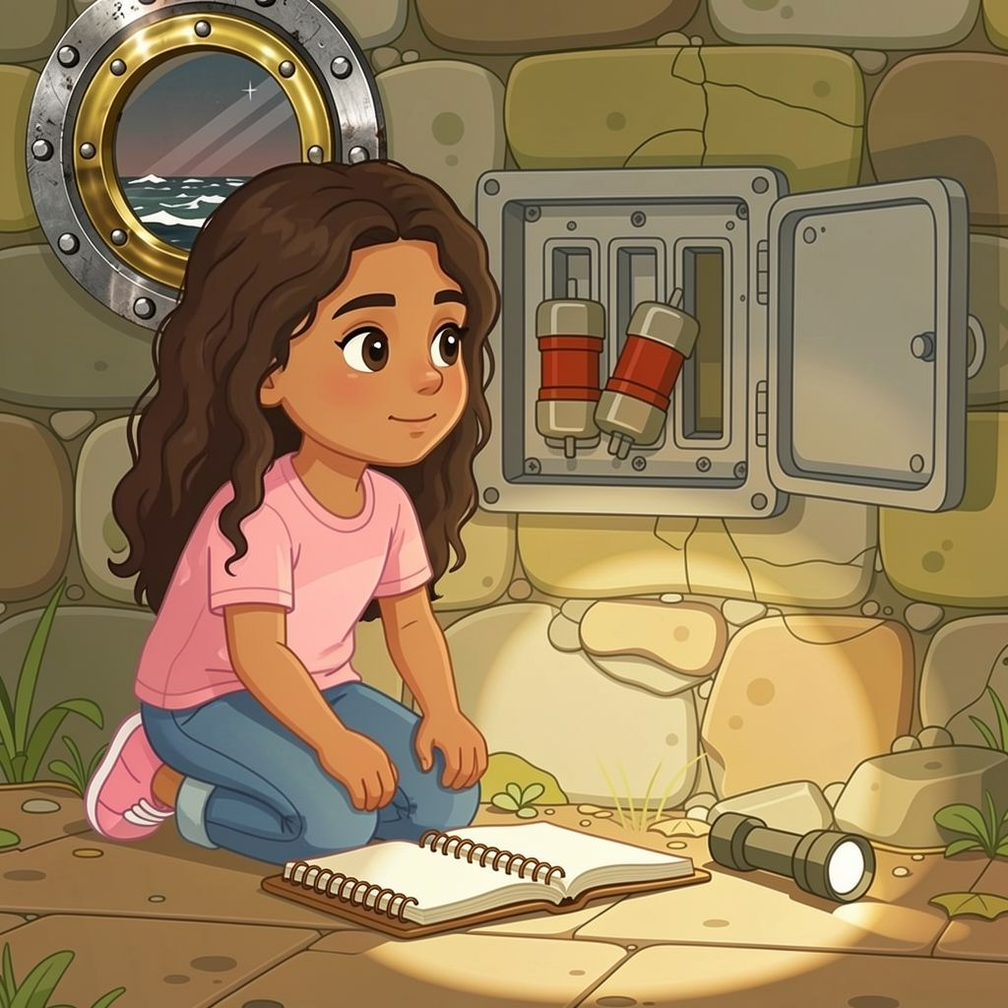 The Lighthouse Mystery personalized illustration for page 7: Back at the panel, Ines studied the logbook entry again: "Do not restart until…