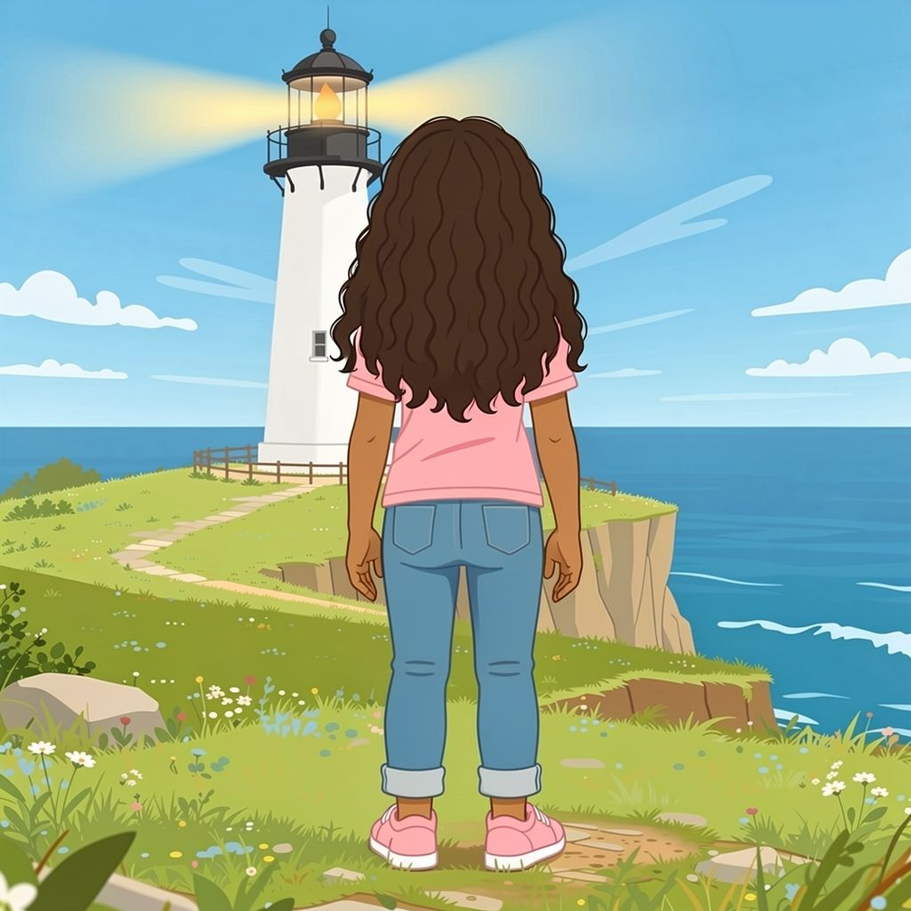 The Lighthouse Mystery personalized illustration for page 14: Somewhere out at sea, the light was still turning. And Ines stood watching it go. The…