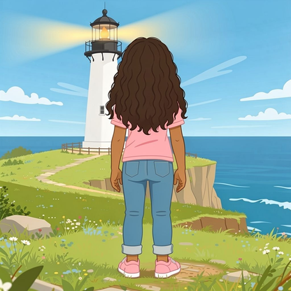 The Lighthouse Mystery personalized illustration for page 14: Somewhere out at sea, the light was still turning. And Ines stood watching it go. The…