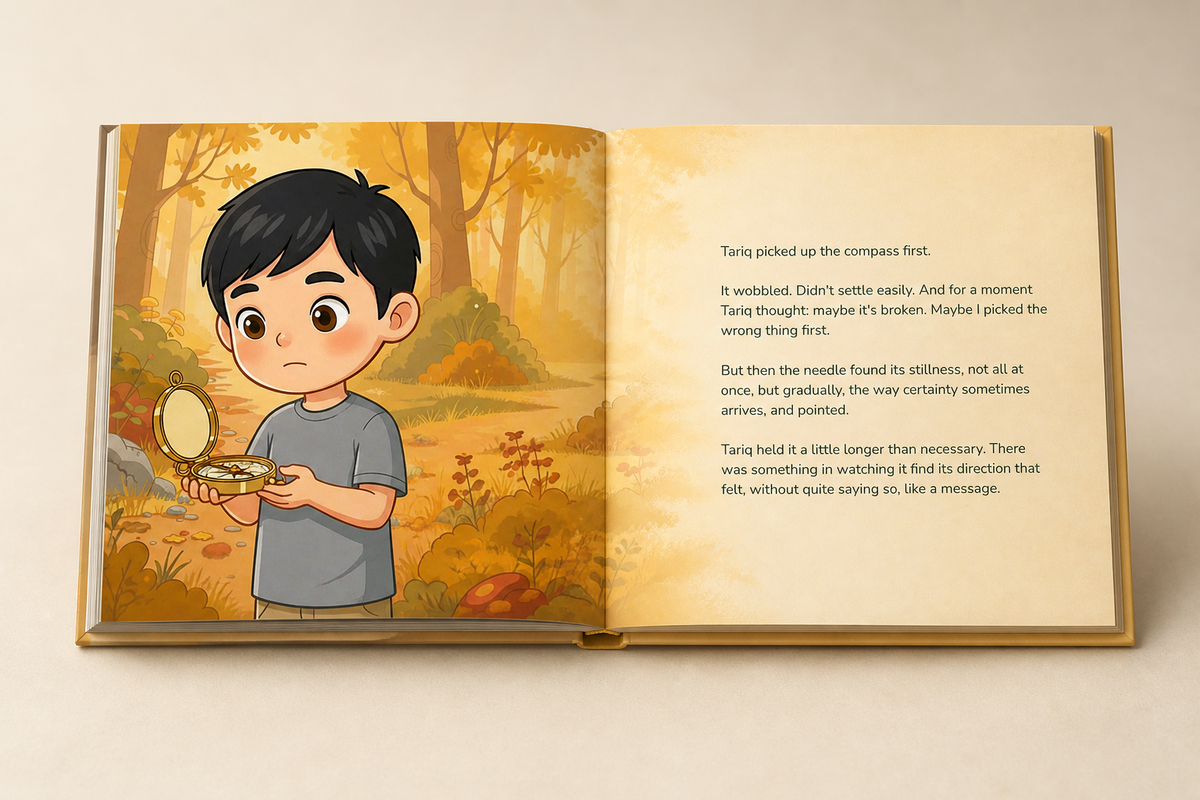 Open The Place Inside hardcover showing its illustrated English story and readable text page