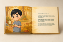 Open The Place Inside hardcover showing its illustrated English story and readable text page