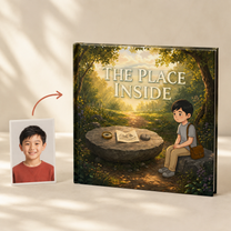 Photo portraits beside the personalized The Place Inside square hardcover book