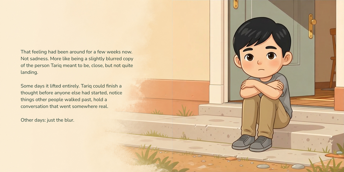 Full English story spread from The Place Inside, with illustration continuing behind the text