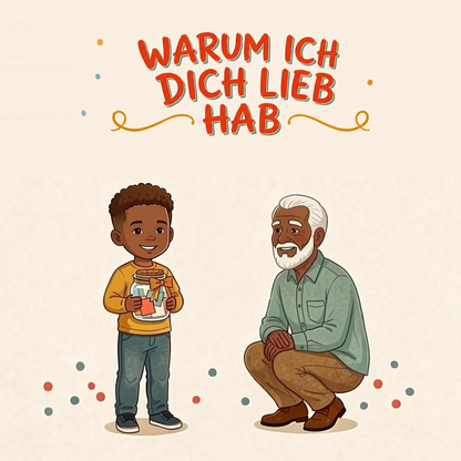 Warum ich dich lieb hab German personalized storybook cover featuring Young boy and grandfather