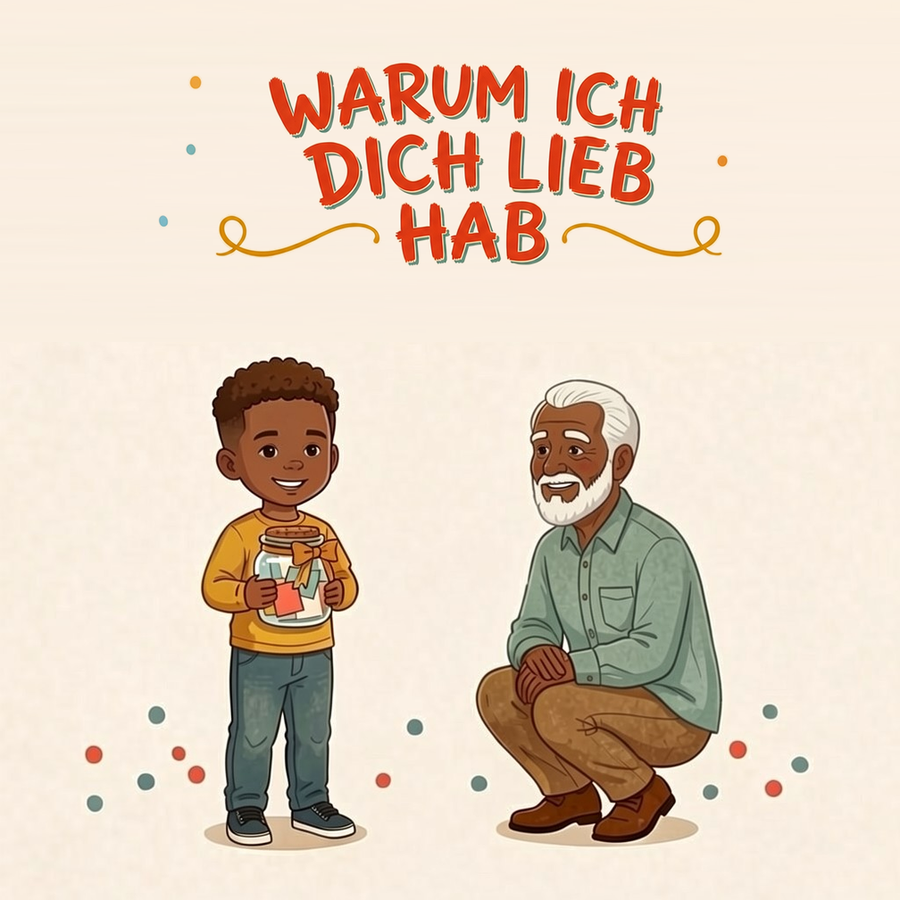 Warum ich dich lieb hab German personalized storybook cover featuring Young boy and grandfather