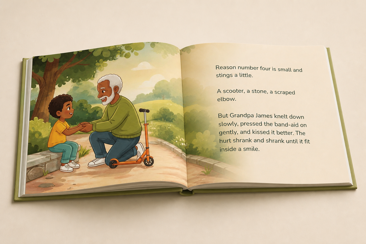 Open Why I Love You hardcover showing its illustrated English story and readable text page
