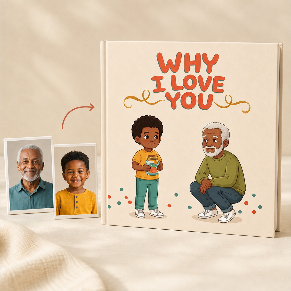 Photo portraits beside the personalized Why I Love You square hardcover book