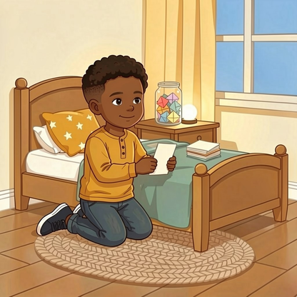 Why I Love You personalized story art featuring Young boy and grandfather: Leo has a secret. On the little table by the bed sits a glass jar, and on the blanket…