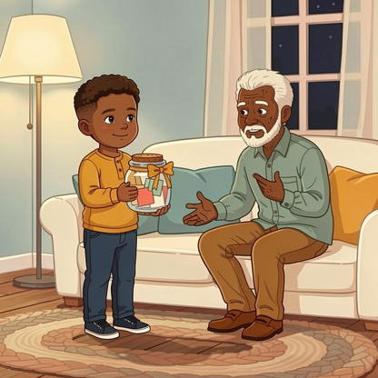 Why I Love You personalized story art featuring Young boy and grandfather: And then, one evening, the jar is full. Leo carries it into the living room, the…