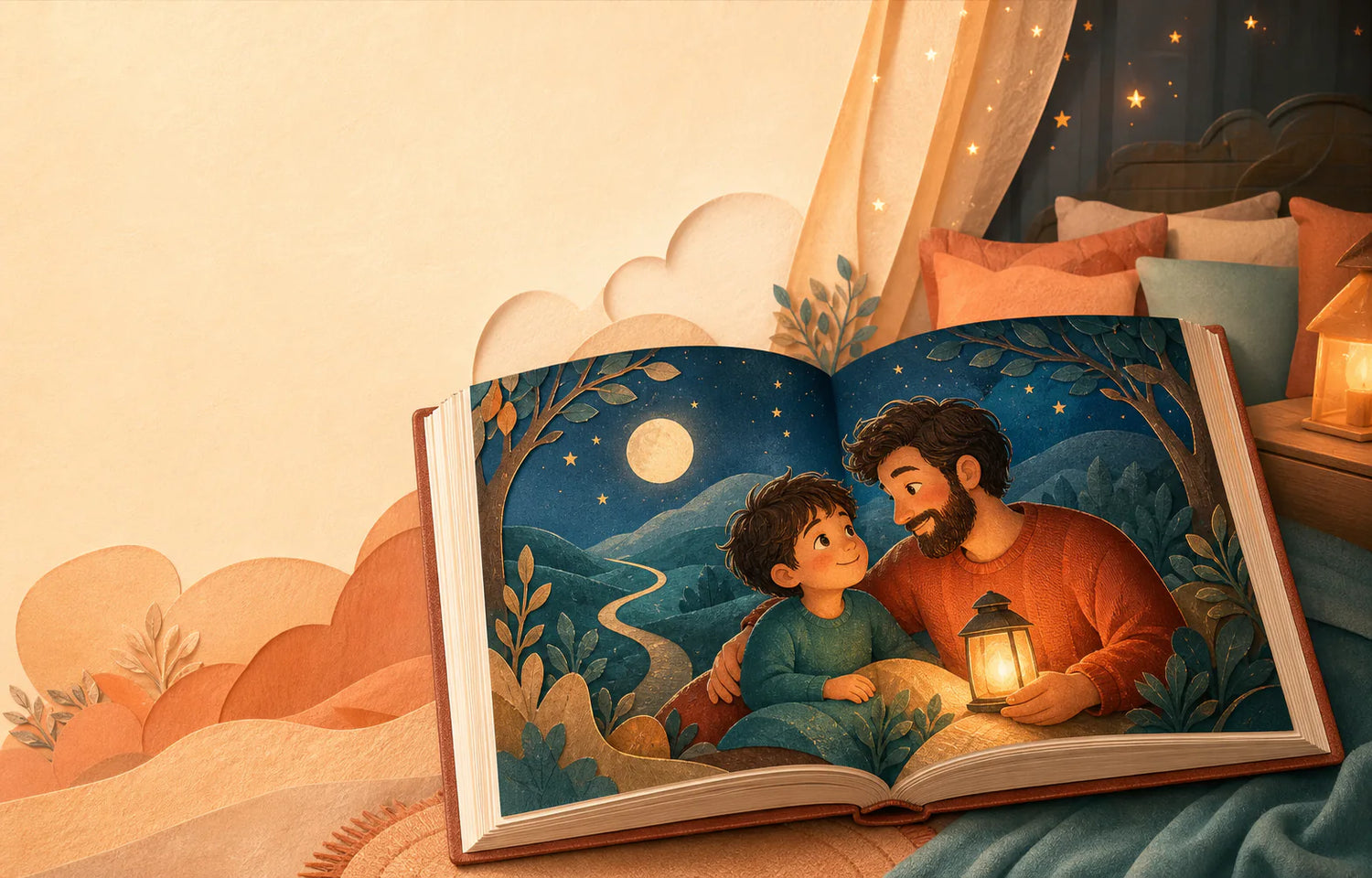 Open illustrated storybook with two personalized characters